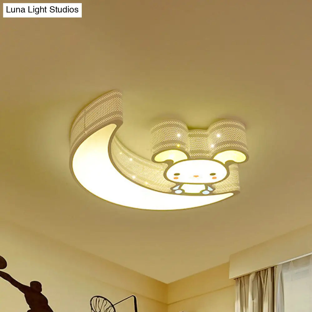 Adorable Acrylic Moon & Bunny Led Ceiling Lamp For Gamer Room White /