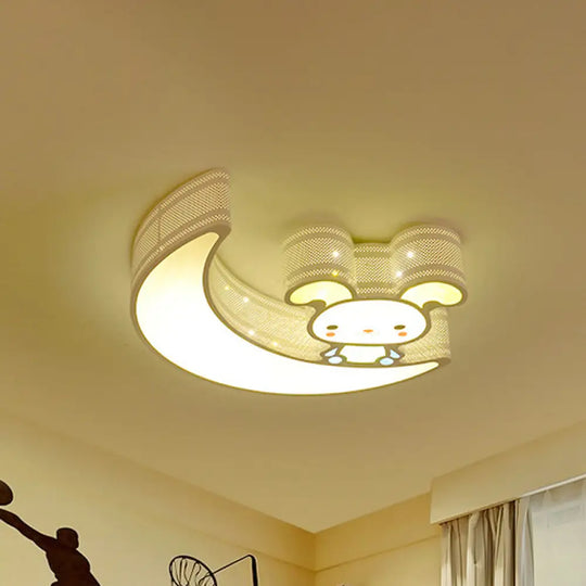 Adorable Acrylic Moon & Bunny Led Ceiling Lamp For Gamer Room White /