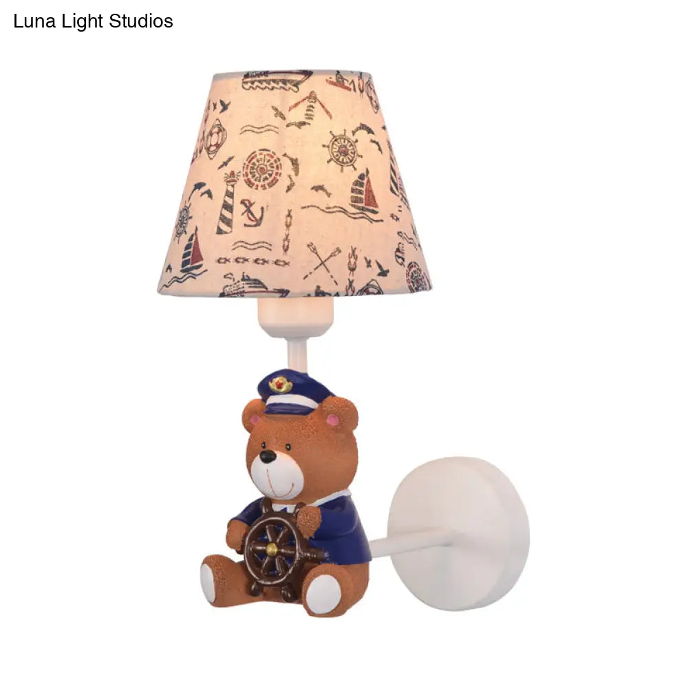 Adorable Bear Wall Light For Kids Bedrooms: Tapered Shade One Resin Sconce In Beige