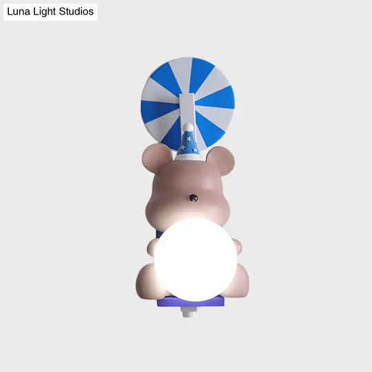 Adorable Birthday Bear Ball Wall Lamp - Cartoon Resin 1-Light Sconce Light