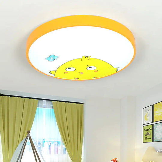 Adorable Chick Acrylic Yellow Flush Light For Kindergarten Corridor - Lovely Drum Ceiling / 12’