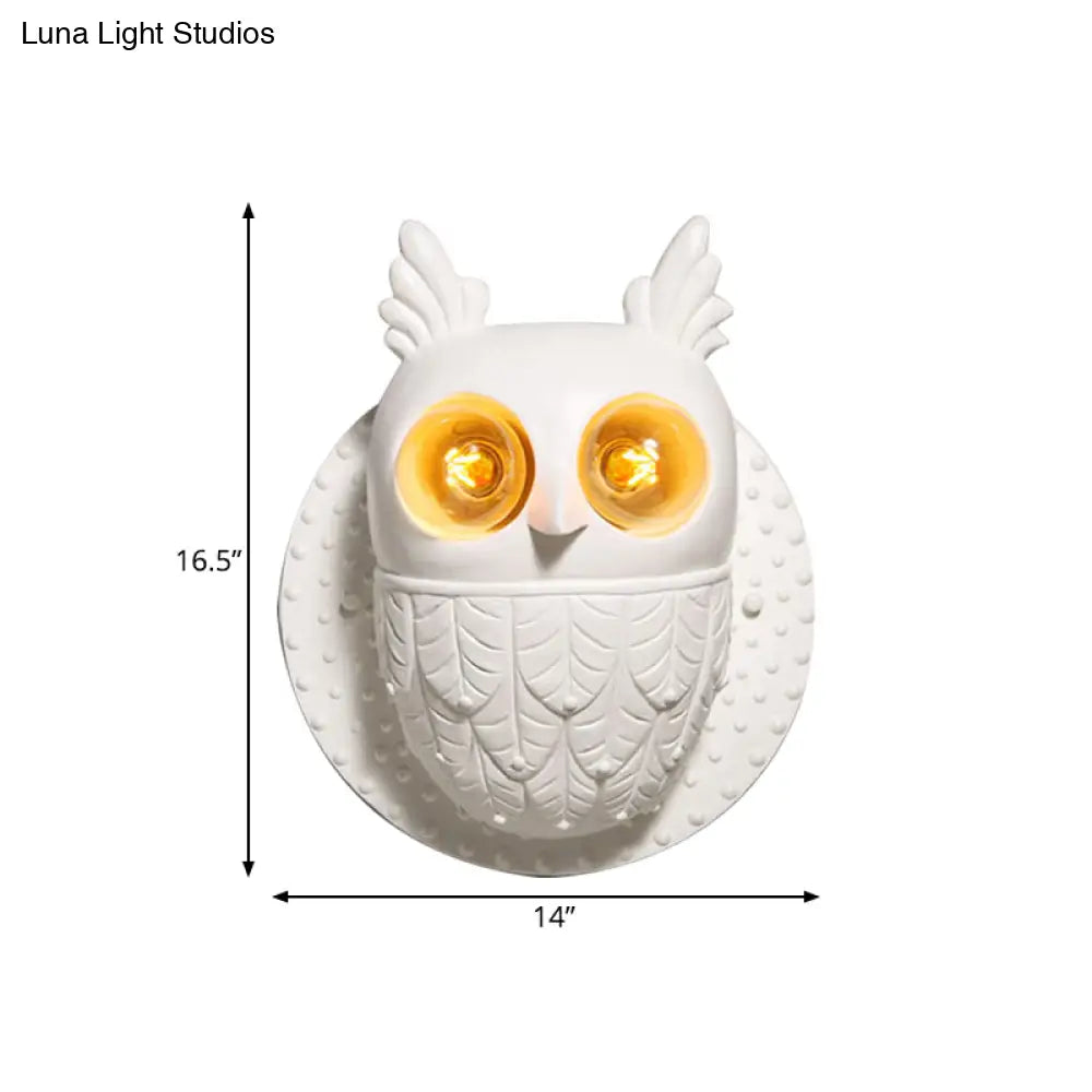 Adorable Owl Wall Sconce With 2 Lights For Kindergarten Bedroom - White Resin