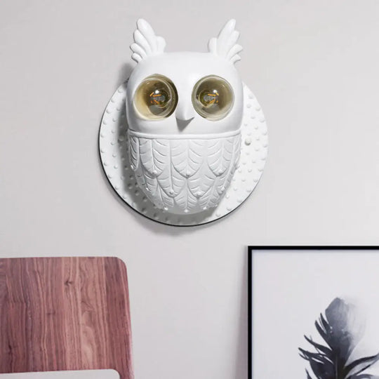 Adorable Owl Wall Sconce With 2 Lights For Kindergarten Bedroom - White Resin