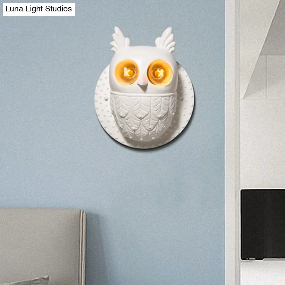 Adorable Owl Wall Sconce With 2 Lights For Kindergarten Bedroom - White Resin