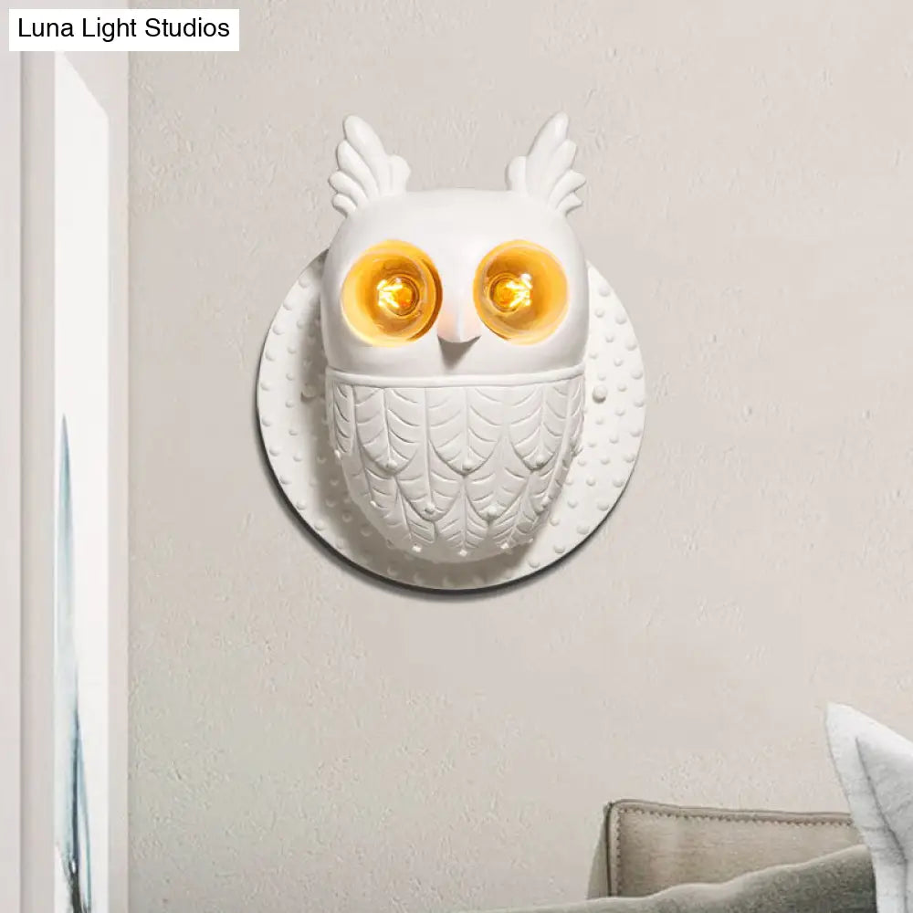 Adorable Owl Wall Sconce With 2 Lights For Kindergarten Bedroom - White Resin