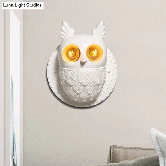 Adorable Owl Wall Sconce With 2 Lights For Kindergarten Bedroom - White Resin