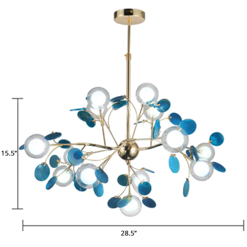 Agate Leaf Suspension Lighting Chandelier With Double Ball Glass Shade For Artistic Living Room Blue