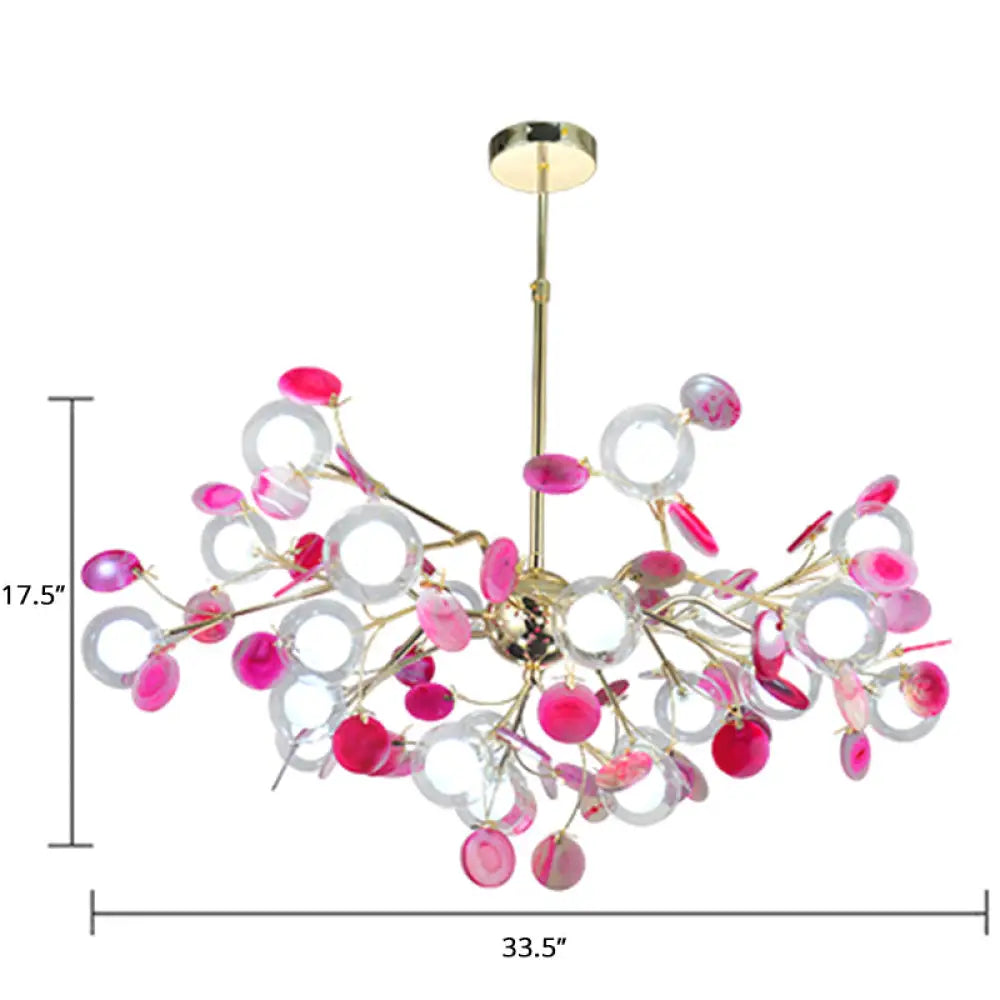 Agate Leaf Suspension Lighting Chandelier With Double Ball Glass Shade For Artistic Living Room Pink