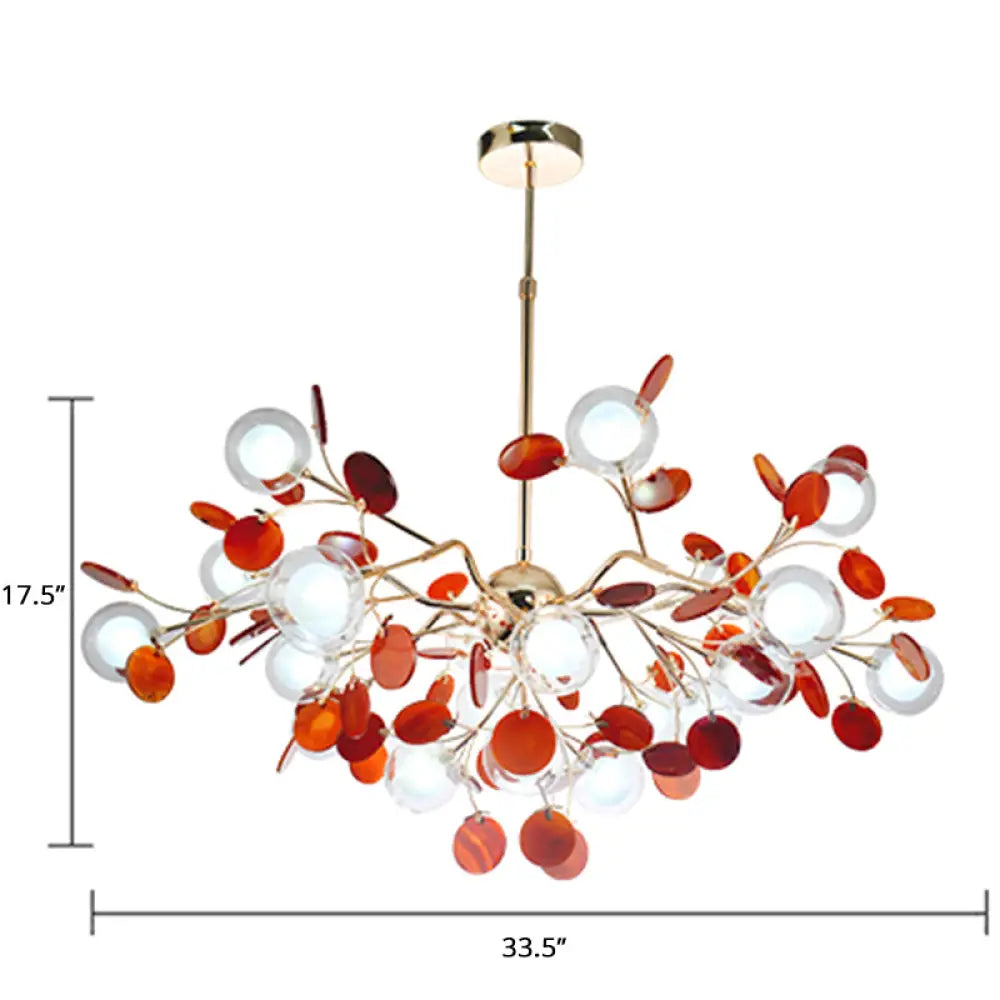 Agate Leaf Suspension Lighting Chandelier With Double Ball Glass Shade For Artistic Living Room Red