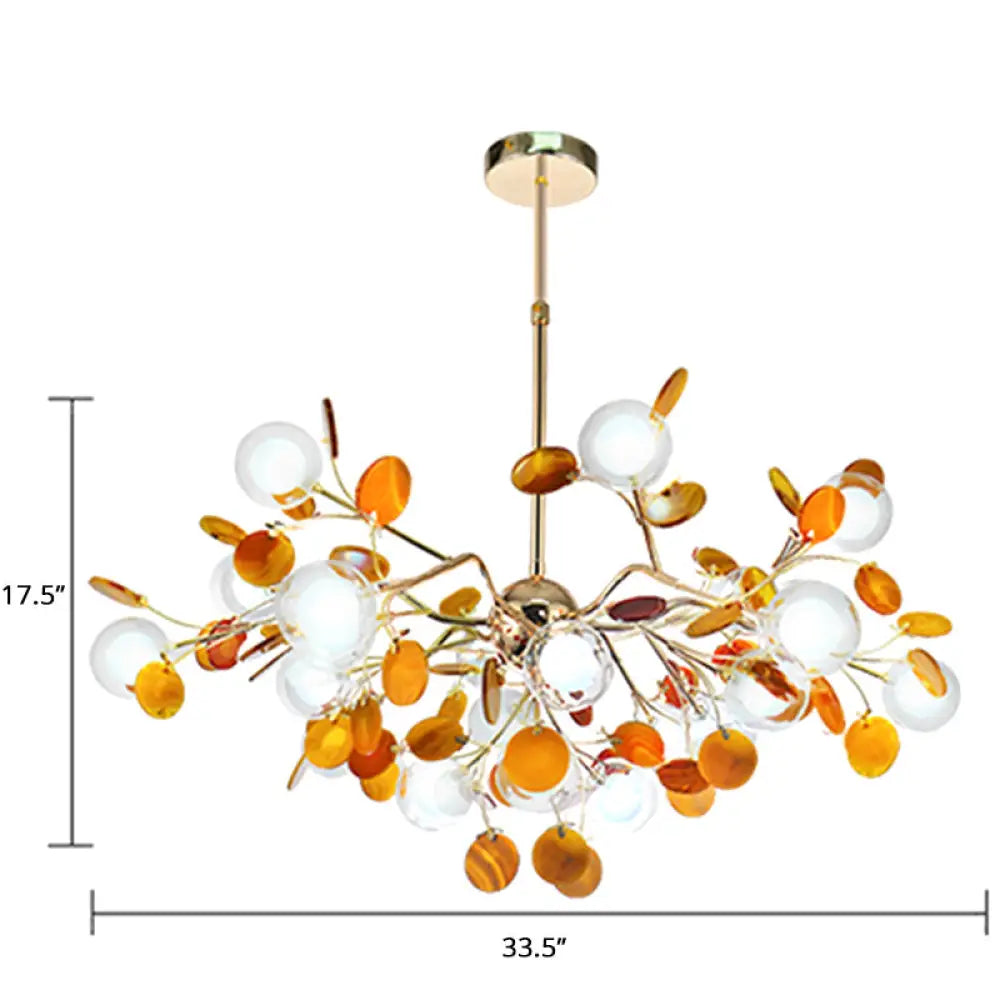 Agate Leaf Suspension Lighting Chandelier With Double Ball Glass Shade For Artistic Living Room