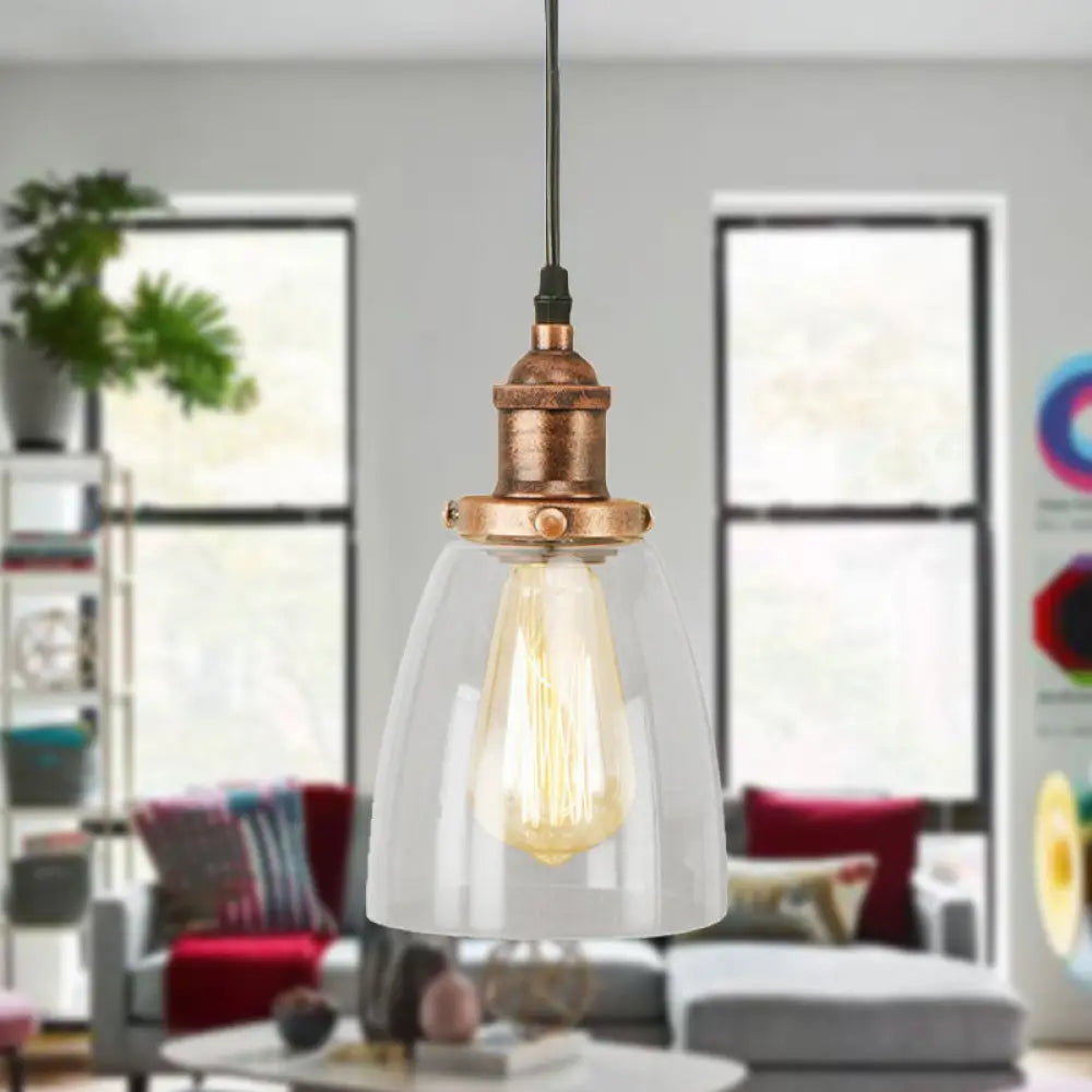 Aged Copper Vintage Clear Glass Hanging Pendant Light For Dining Room - 1-Light Ceiling Lighting
