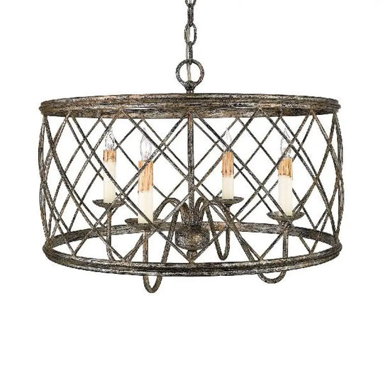 Aged Silver 4-Light Chandelier Lamp: Antique Style Metallic X-Cage Pendant With Drum Shade For Foyer