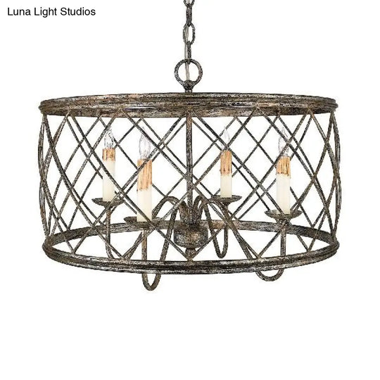 Aged Silver X-Cage Pendant Chandelier With Drum Shade - Antique Style 4 Lights Perfect For Foyers