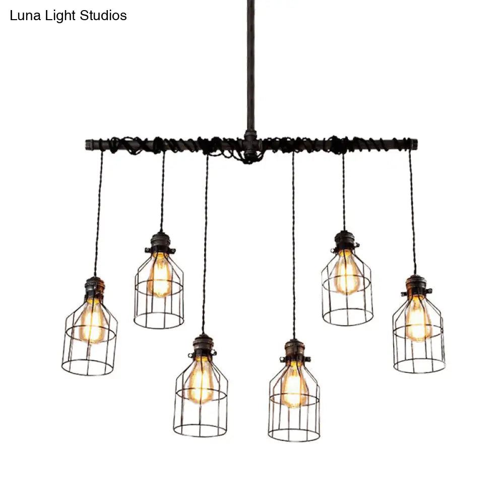 Aged Silver 6/10 Bulbs Industrial Cage Iron Pendant Light With Double Pipe Rod - Island Hanging Lamp