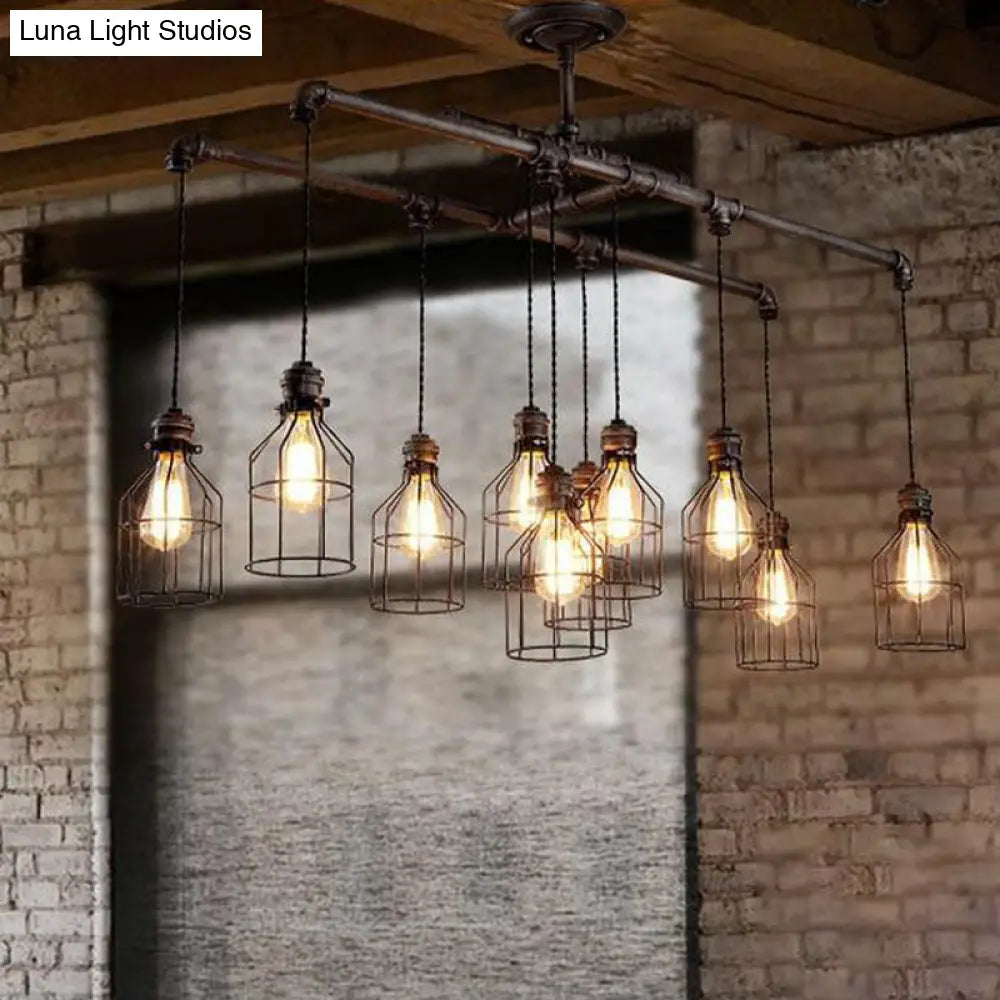 Aged Silver 6/10 Bulbs Industrial Cage Iron Pendant Light With Double Pipe Rod - Island Hanging Lamp