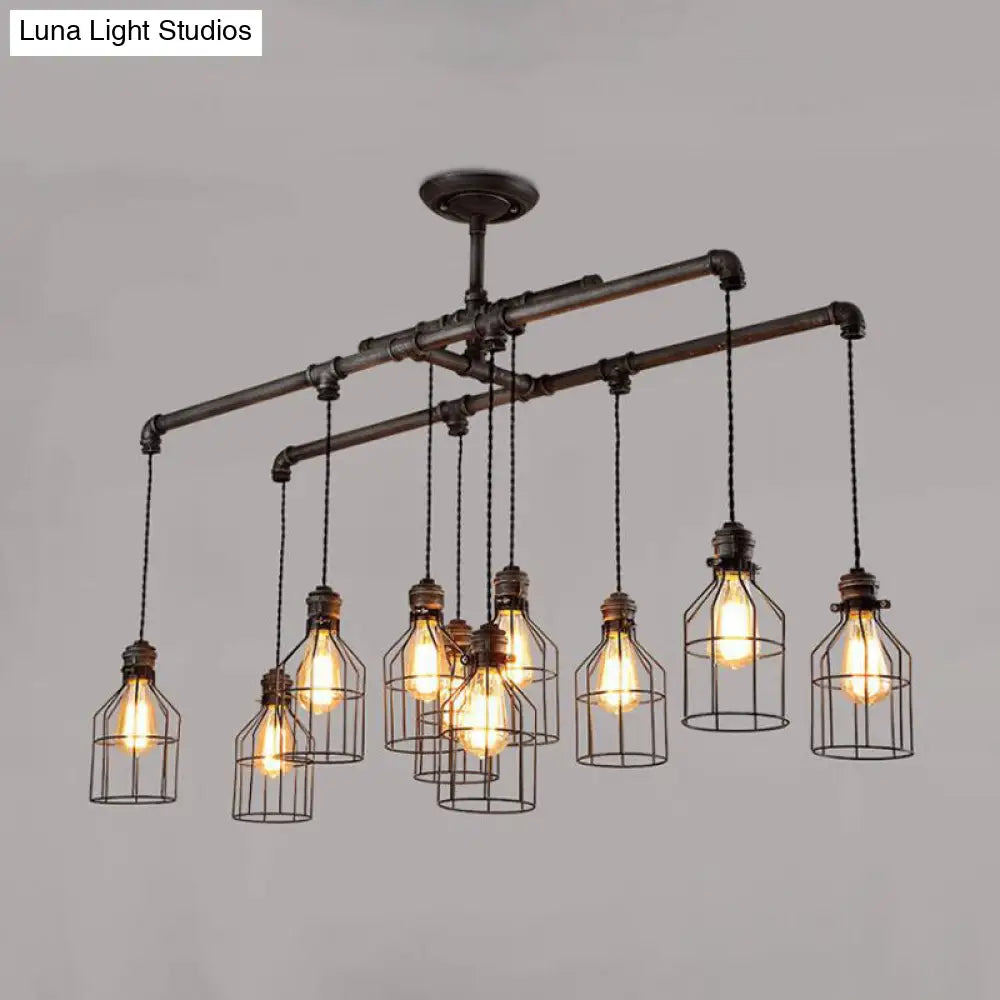 Aged Silver 6/10 Bulbs Industrial Cage Iron Pendant Light With Double Pipe Rod - Island Hanging Lamp