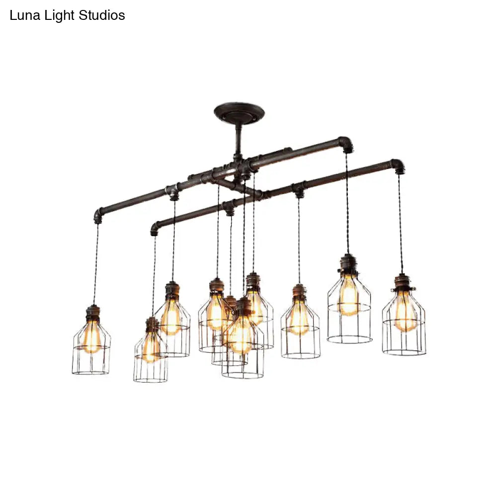 Aged Silver 6/10 Bulbs Industrial Cage Iron Pendant Light With Double Pipe Rod - Island Hanging Lamp