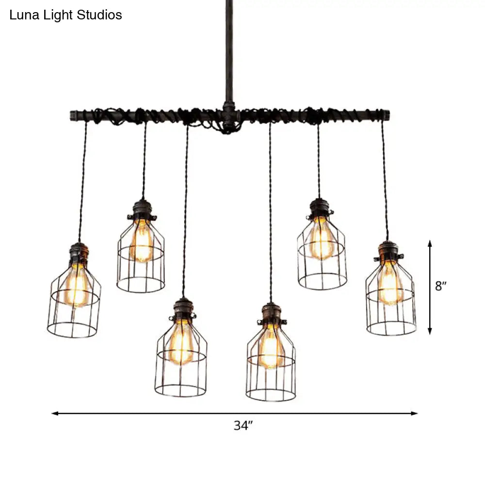 Aged Silver 6/10 Bulbs Industrial Cage Iron Pendant Light With Double Pipe Rod - Island Hanging Lamp