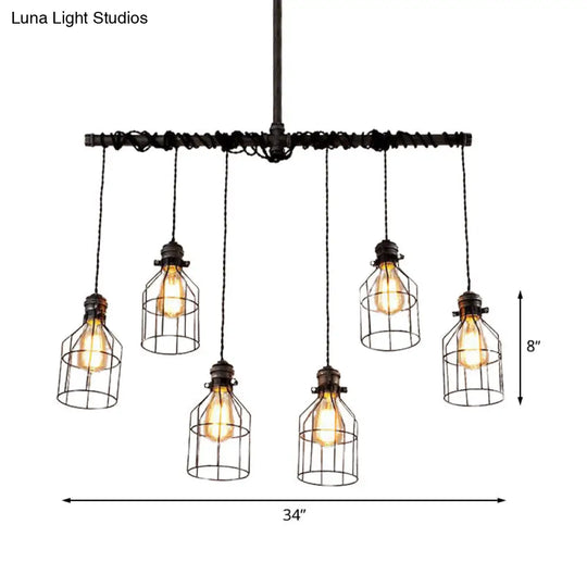 Aged Silver 6/10 Bulbs Industrial Cage Iron Pendant Light With Double Pipe Rod - Island Hanging Lamp