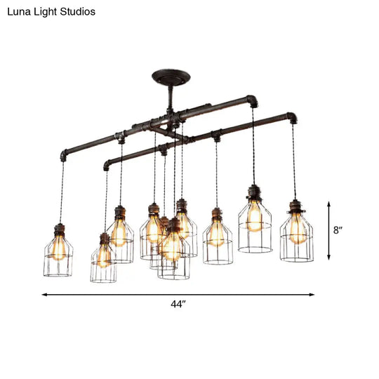 Aged Silver 6/10 Bulbs Industrial Cage Iron Pendant Light With Double Pipe Rod - Island Hanging Lamp