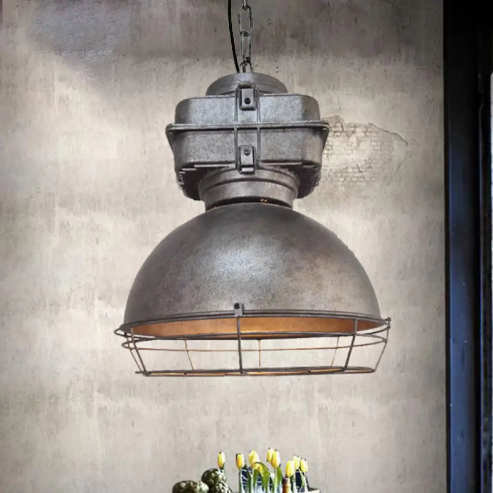 Aged Silver Bowl Pendant Light - Industrial Style Iron Ceiling Lamp With Wire Guard For Restaurants