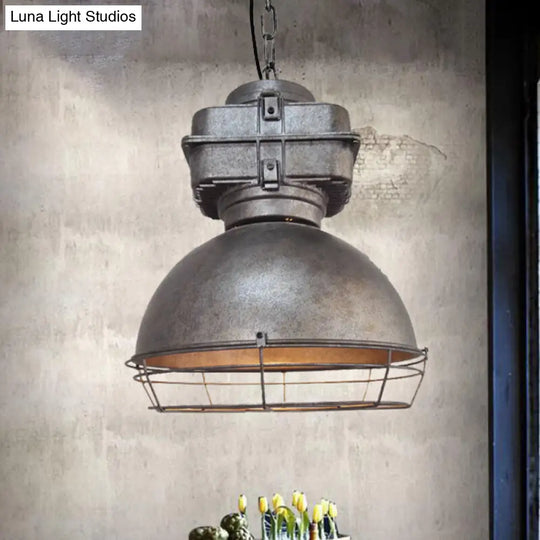 Iron Restaurant Pendant Light With Aged Silver Finish And Wire Guard