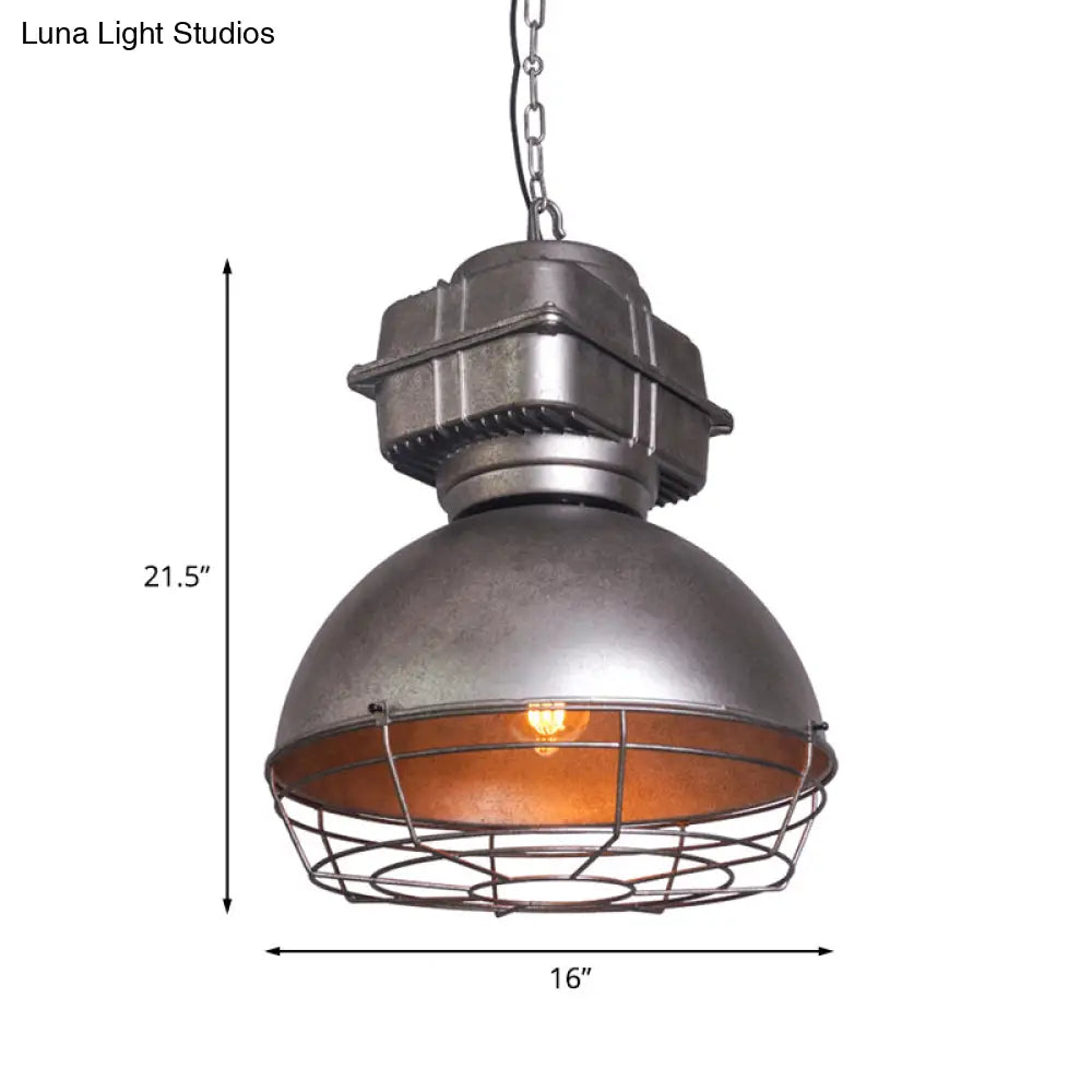 Aged Silver Bowl Pendant Light - Industrial Style Iron Ceiling Lamp With Wire Guard For Restaurants