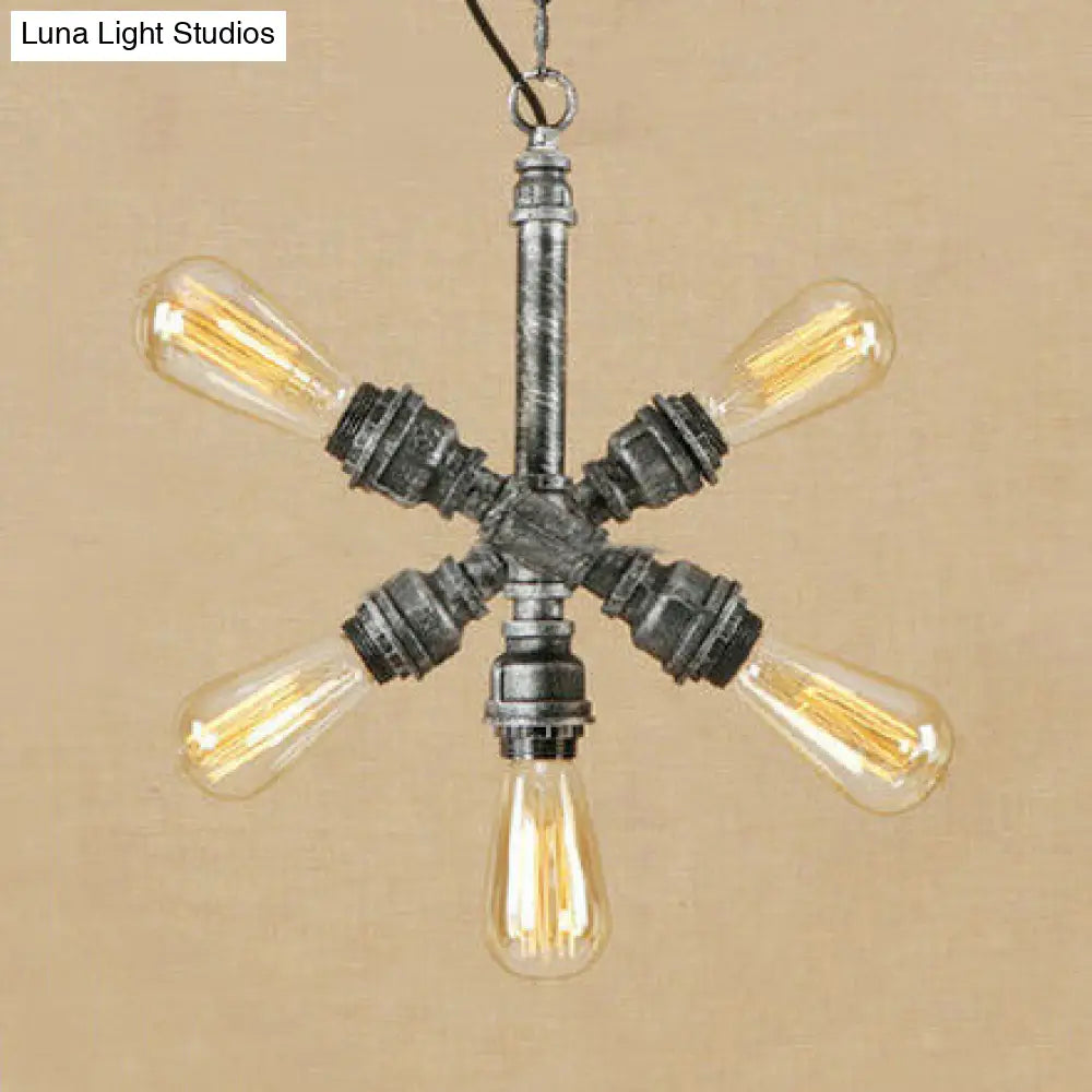 Industrial Style Aged Silver Ceiling Light With 5 Hanging Lights And Open Bulb Design