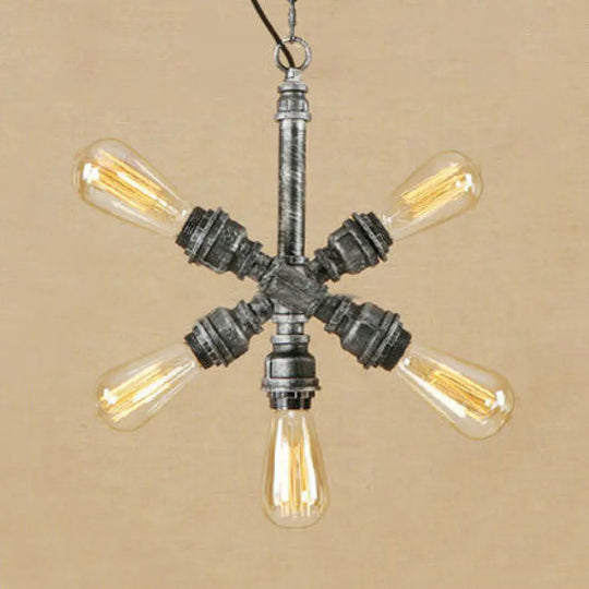 Aged Silver Industrial Style Open Bulb Chandelier With 5 Lights