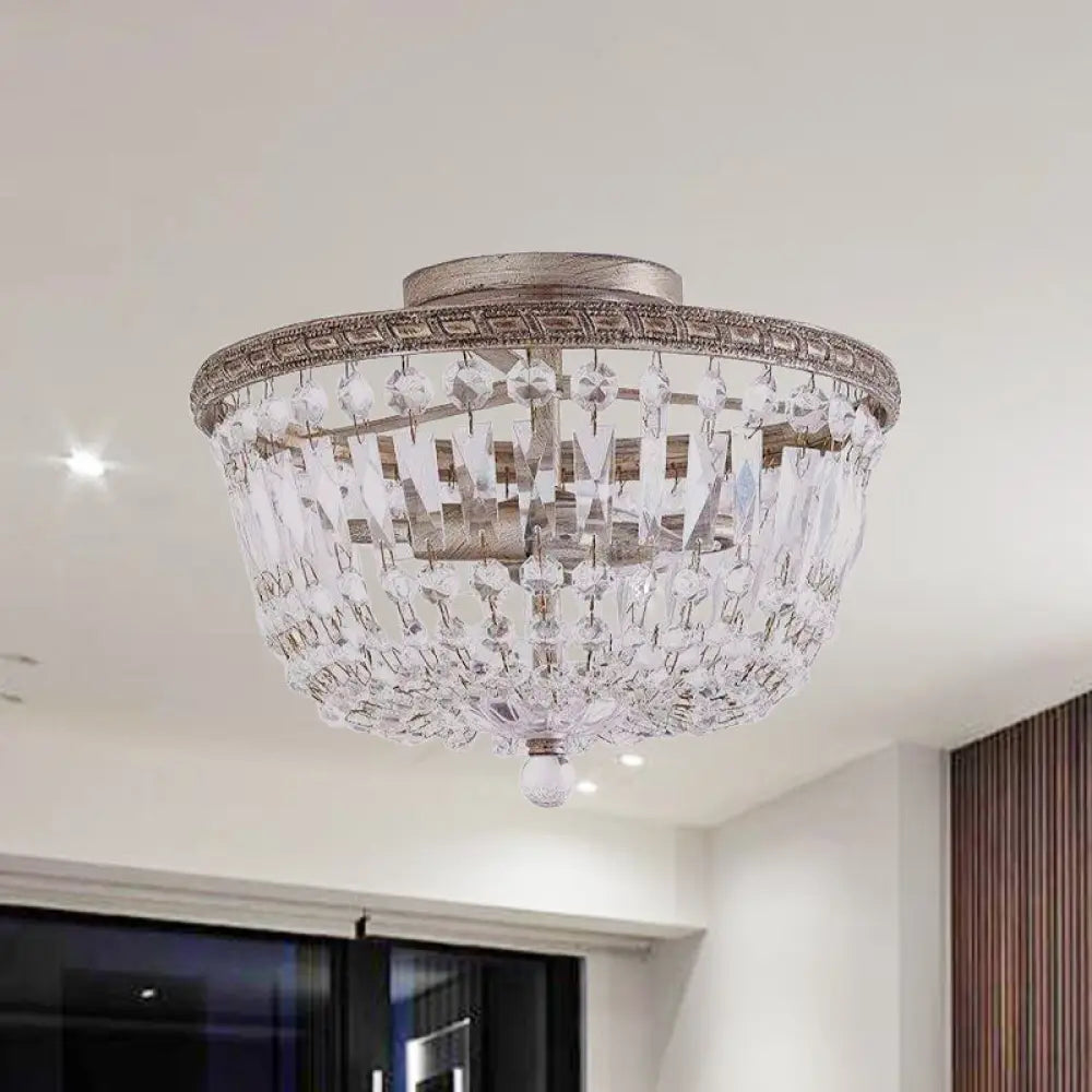 Aged Silver Semi Flush Mount Light Fixture With Crystal Strand Basket
