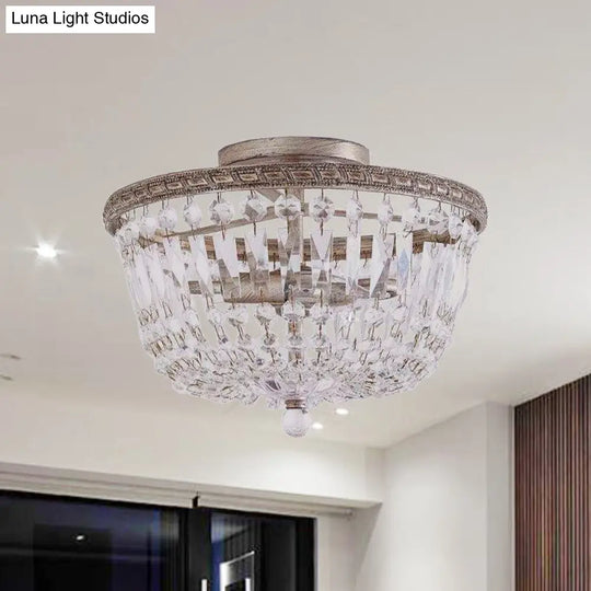 Aged Silver Semi Flush Mount Light Fixture With Crystal Strand Basket