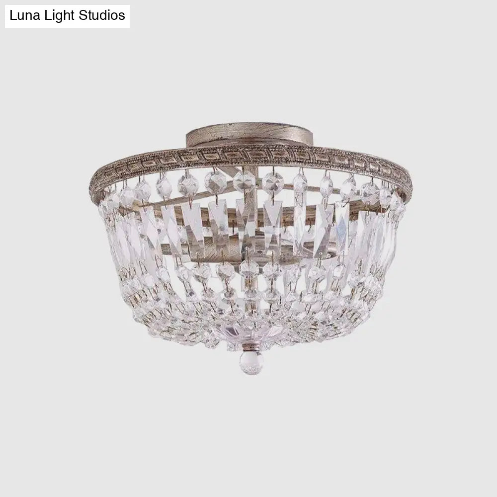 Aged Silver Semi Flush Mount Light Fixture With Crystal Strand Basket