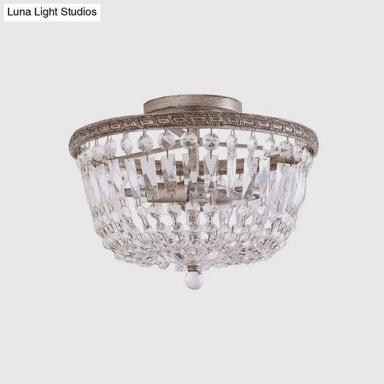 Aged Silver Semi Flush Mount Light Fixture With Crystal Strand Basket