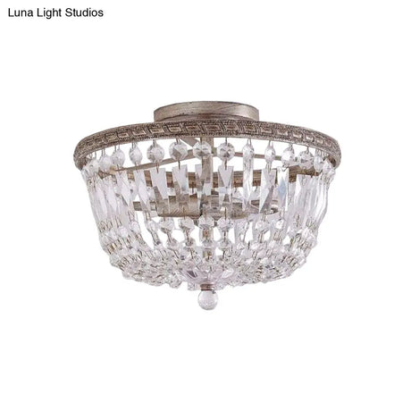 Aged Silver Semi Flush Mount Light Fixture With Crystal Strand Basket