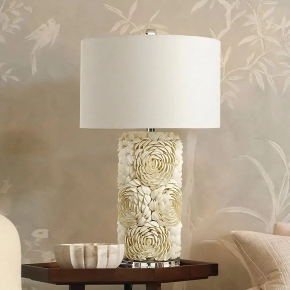 Al Kaphrah - White Shell Floral Table Light With Drum Lamp Shade