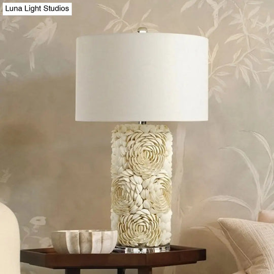 Minimalistic Floral Pillar Table Light: White Shell Night Lamp With Drum Fabric Shade