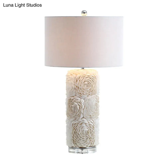 Minimalistic Floral Pillar Table Light: White Shell Night Lamp With Drum Fabric Shade