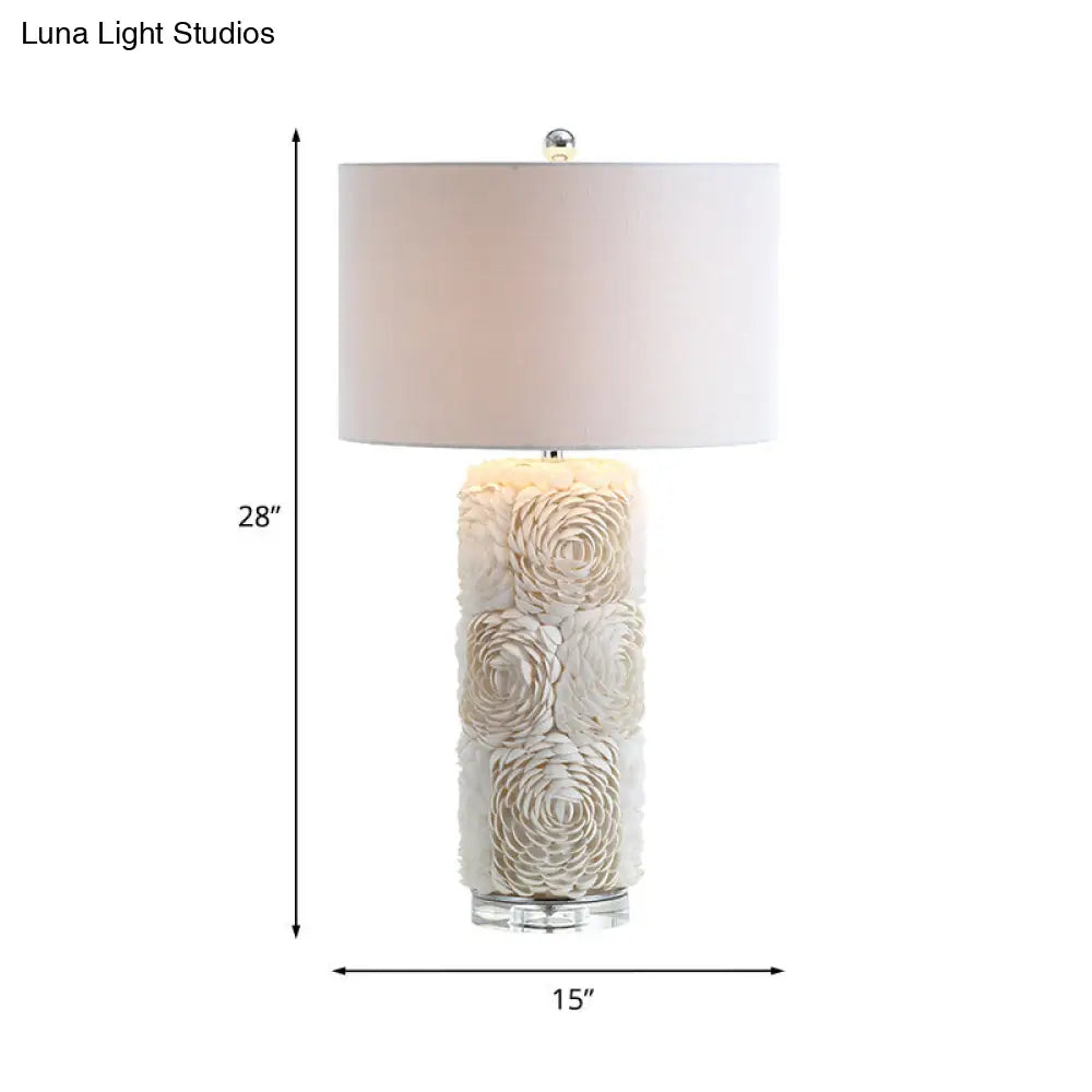 Minimalistic Floral Pillar Table Light: White Shell Night Lamp With Drum Fabric Shade