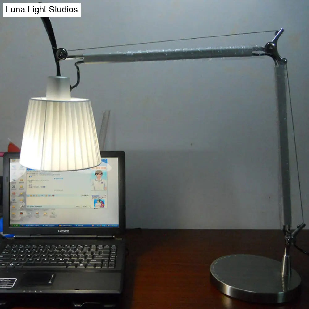 Modernist Chrome Desk Lamp - Truncated Cone Pleated Fabric 2-Joint Swing Arm Task Light