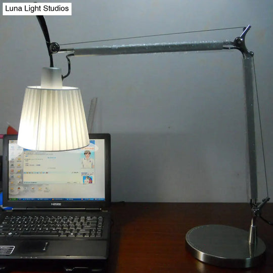 Modernist Chrome Desk Lamp - Truncated Cone Pleated Fabric 2-Joint Swing Arm Task Light