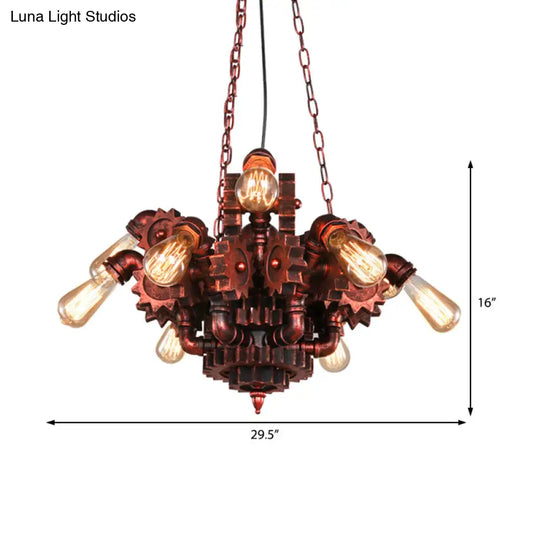 Alathfar - Vintage Gear Living Room Pendant Chandelier Wrought Iron 9 Lights Weathered Copper