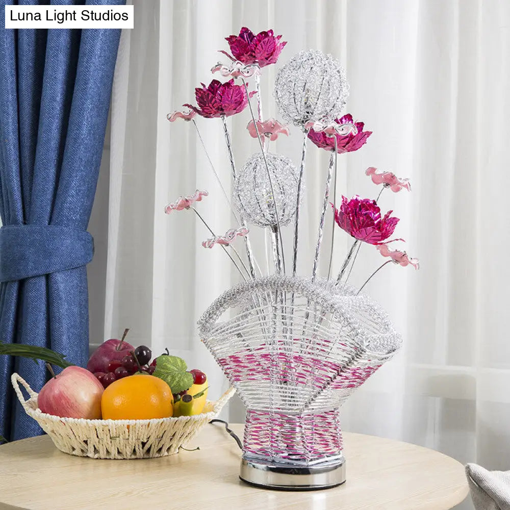 Aluminum Table Lamp With Fan-Shaped Design Led Bedroom Desk Lighting And Rose & Dandelion Decor -