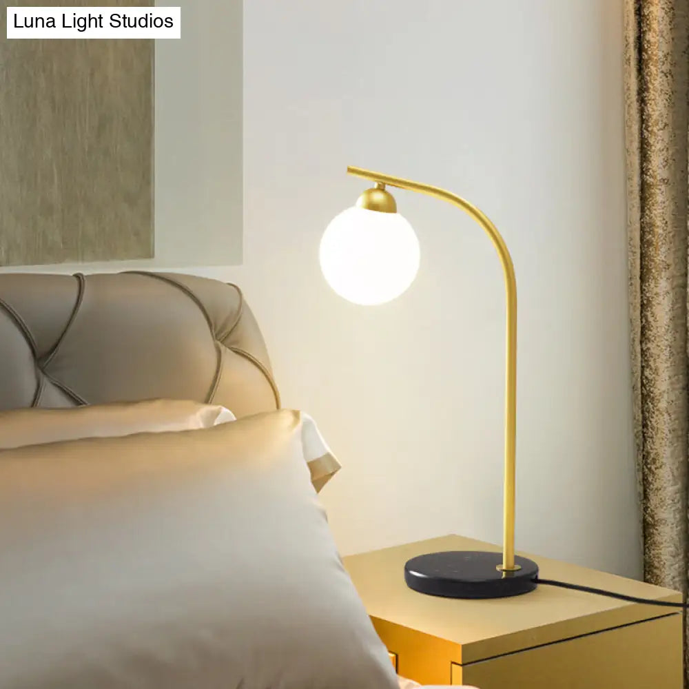 Modern Ball Shade Table Light With Ivory Glass | 1 Head Bedside Night Lamp Minimalist Design