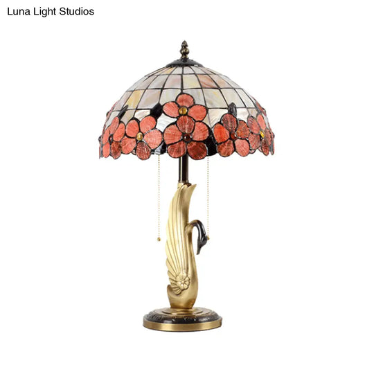 Albali - Pink Flower-Edge Grid Glass Night Lamp Tiffany 2-Light Gold Pull Chain Table Lighting With