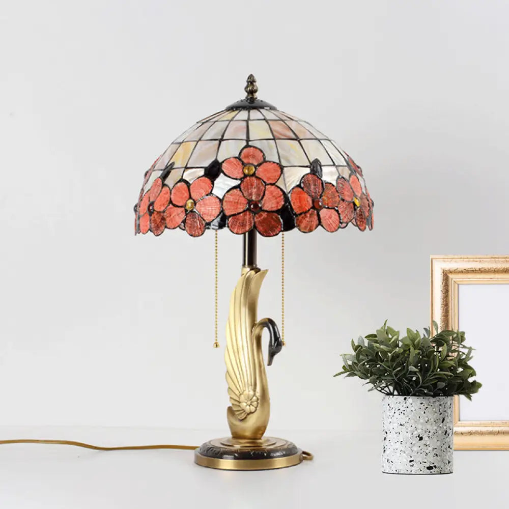 Albali - Pink Flower-Edge Grid Glass Night Lamp Tiffany 2-Light Gold Pull Chain Table Lighting With