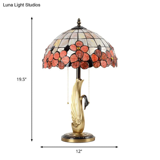 Swan Base Tiffany Glass Night Lamp With Flower-Edge Pink Grid Design 2-Light Pull Chain Table