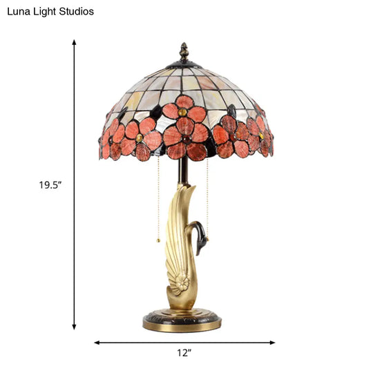 Albali - Pink Flower-Edge Grid Glass Night Lamp Tiffany 2-Light Gold Pull Chain Table Lighting With