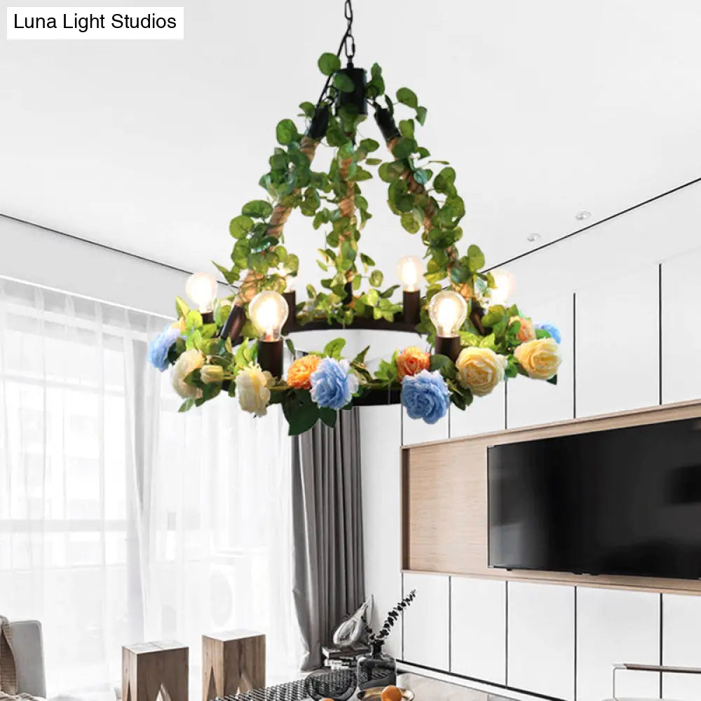Aldhanab - Metal 6 Lights Exposed Bulb Chandelier Lamp Loft Style Black Pendant Light With Ring And