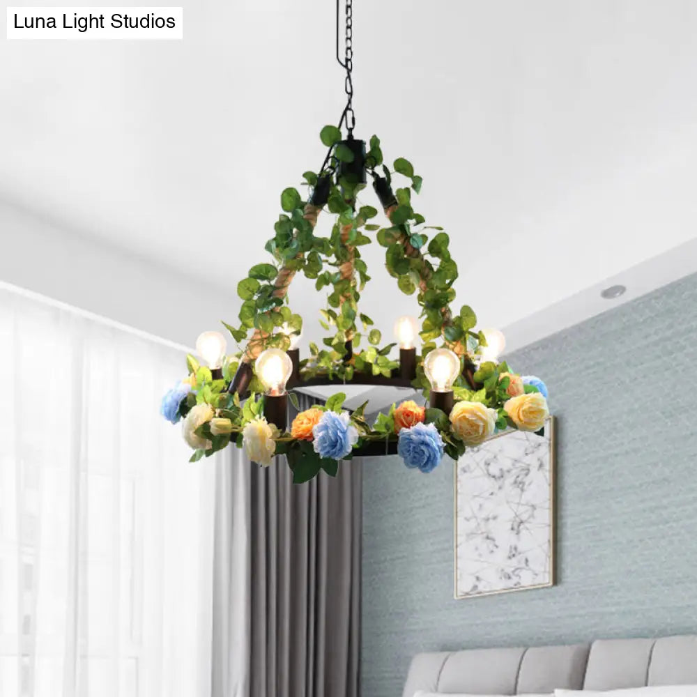 Aldhanab - Metal 6 Lights Exposed Bulb Chandelier Lamp Loft Style Black Pendant Light With Ring And