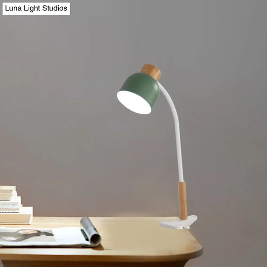 Nordic Style Studio Clamp Desk Lamp: Bowl Shade Iron Task Light In Green/White Wood With Flexible